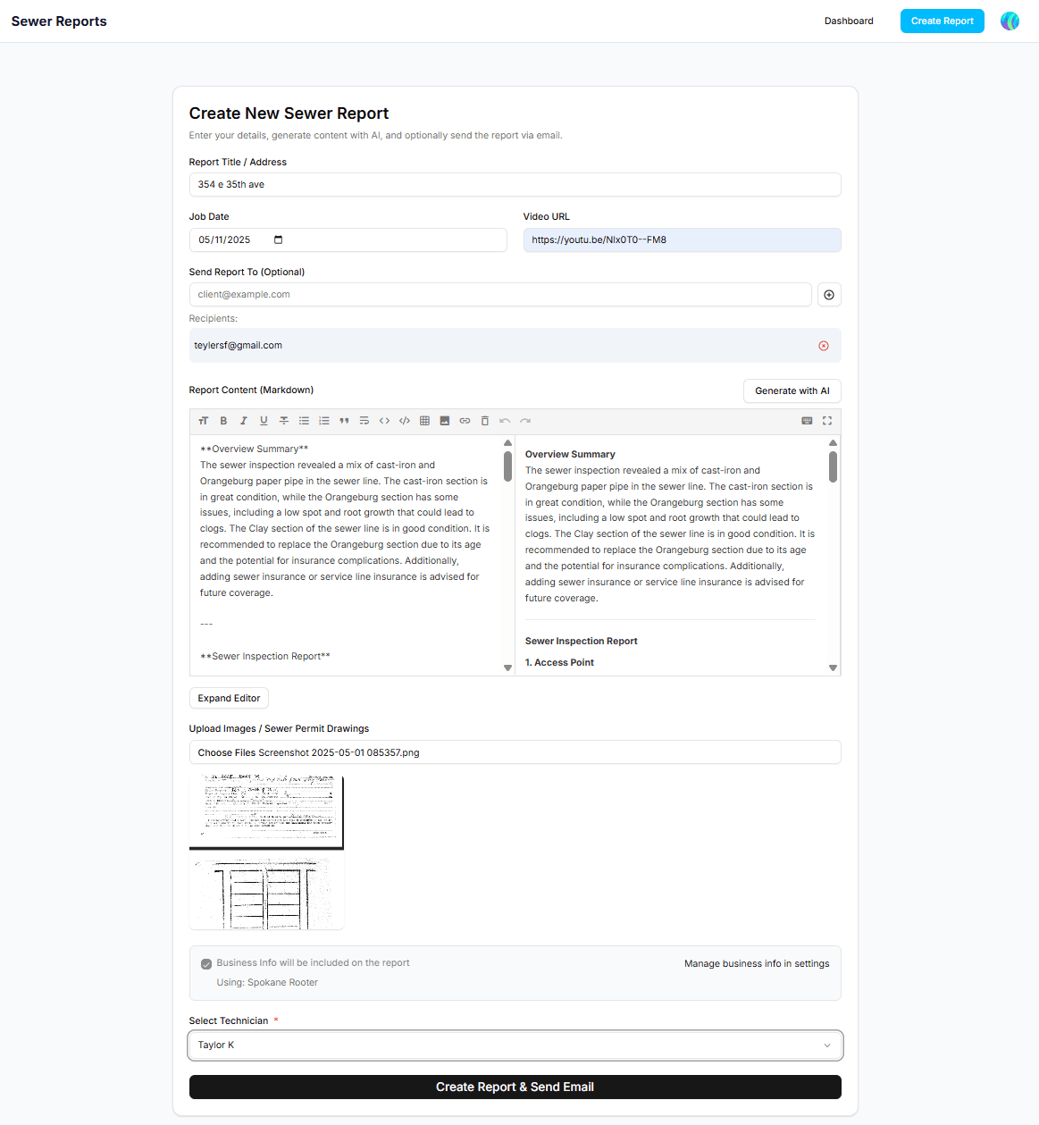 Report form with details filled and email recipients added