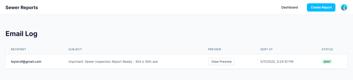 Email log page showing a list of sent emails with preview buttons