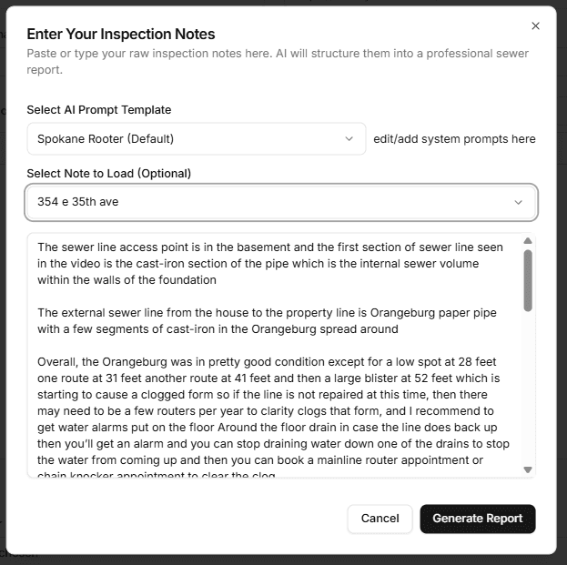 AI assistant showing note selected and generate report button
